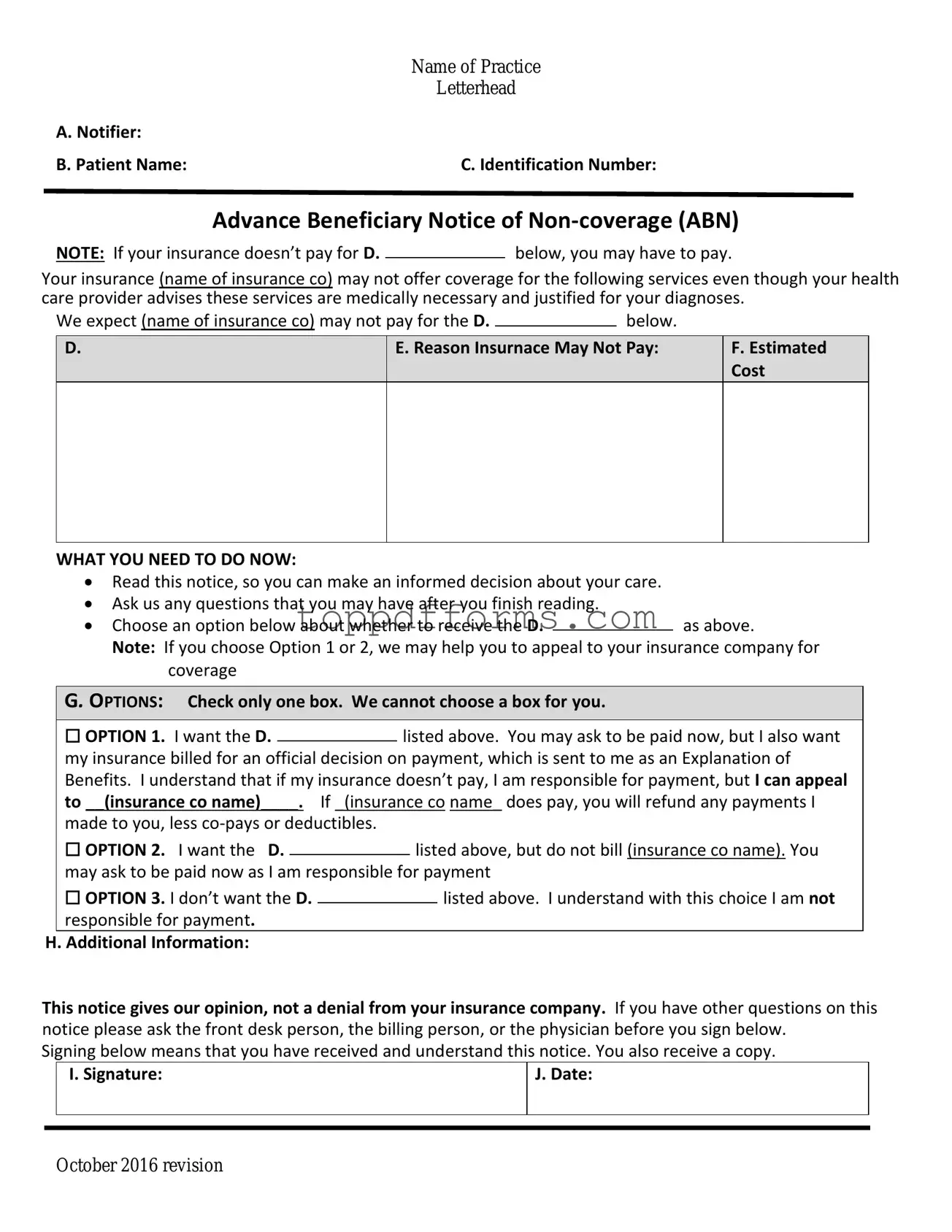 Free Advance Beneficiary Notice of Non-coverage Form