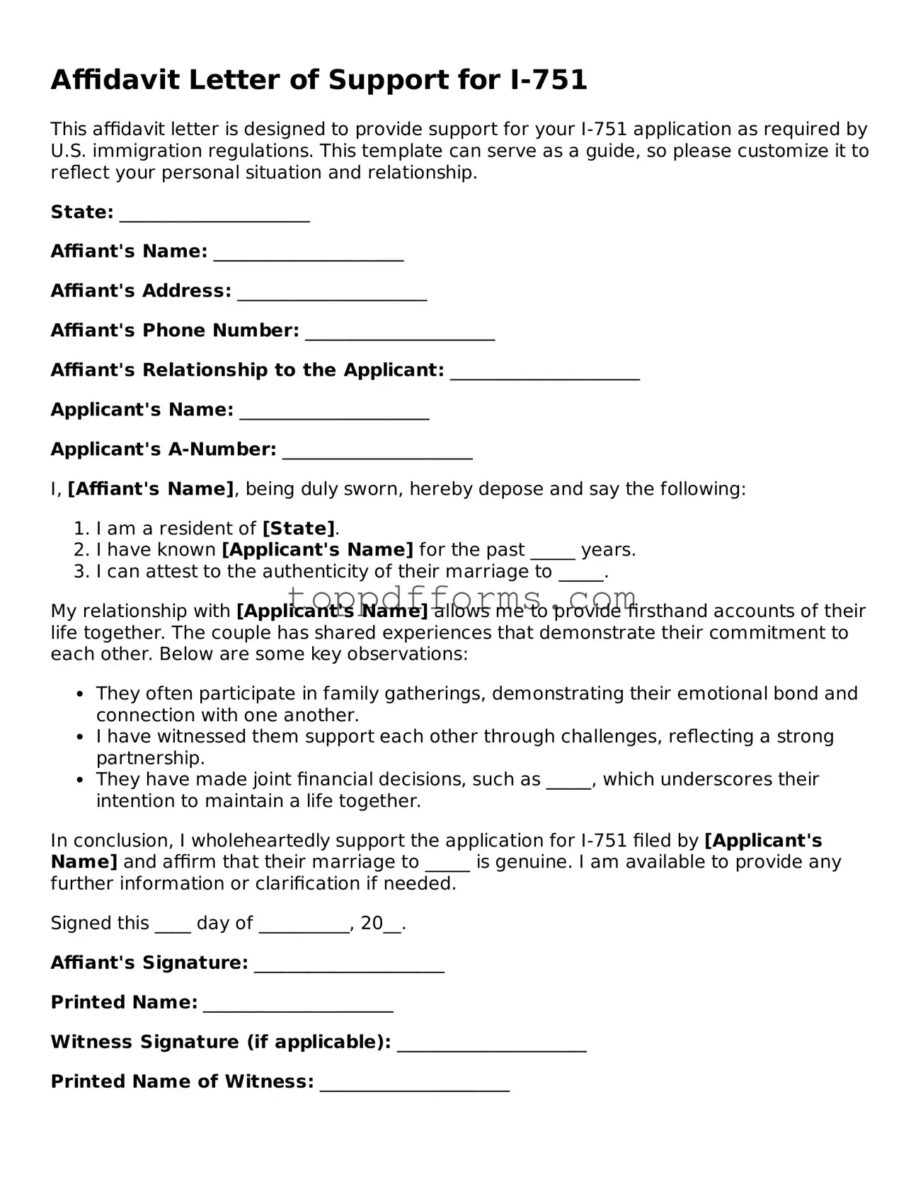 Free Affidavit Letter of Support for I-751 Template