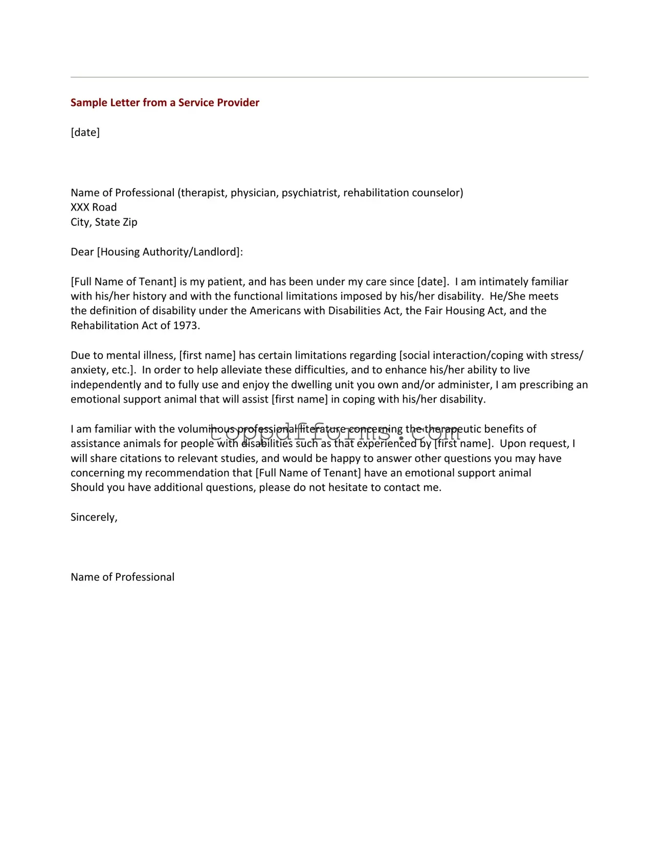Free Emotional Support Animal Letter Form