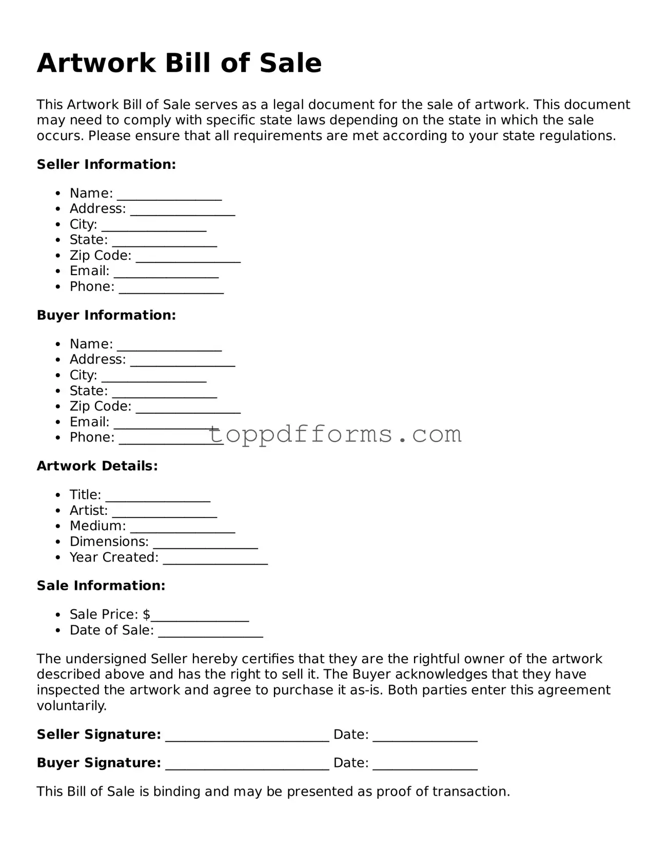 Free Artwork Bill of Sale Template