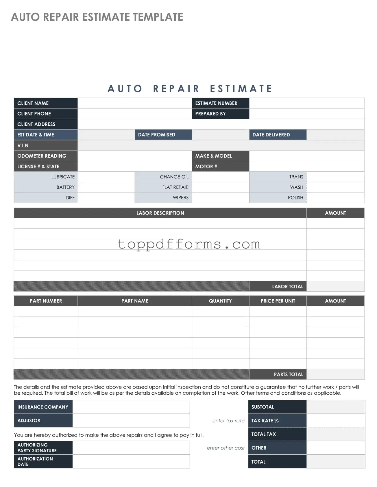 Free Auto Repair Estimate Form