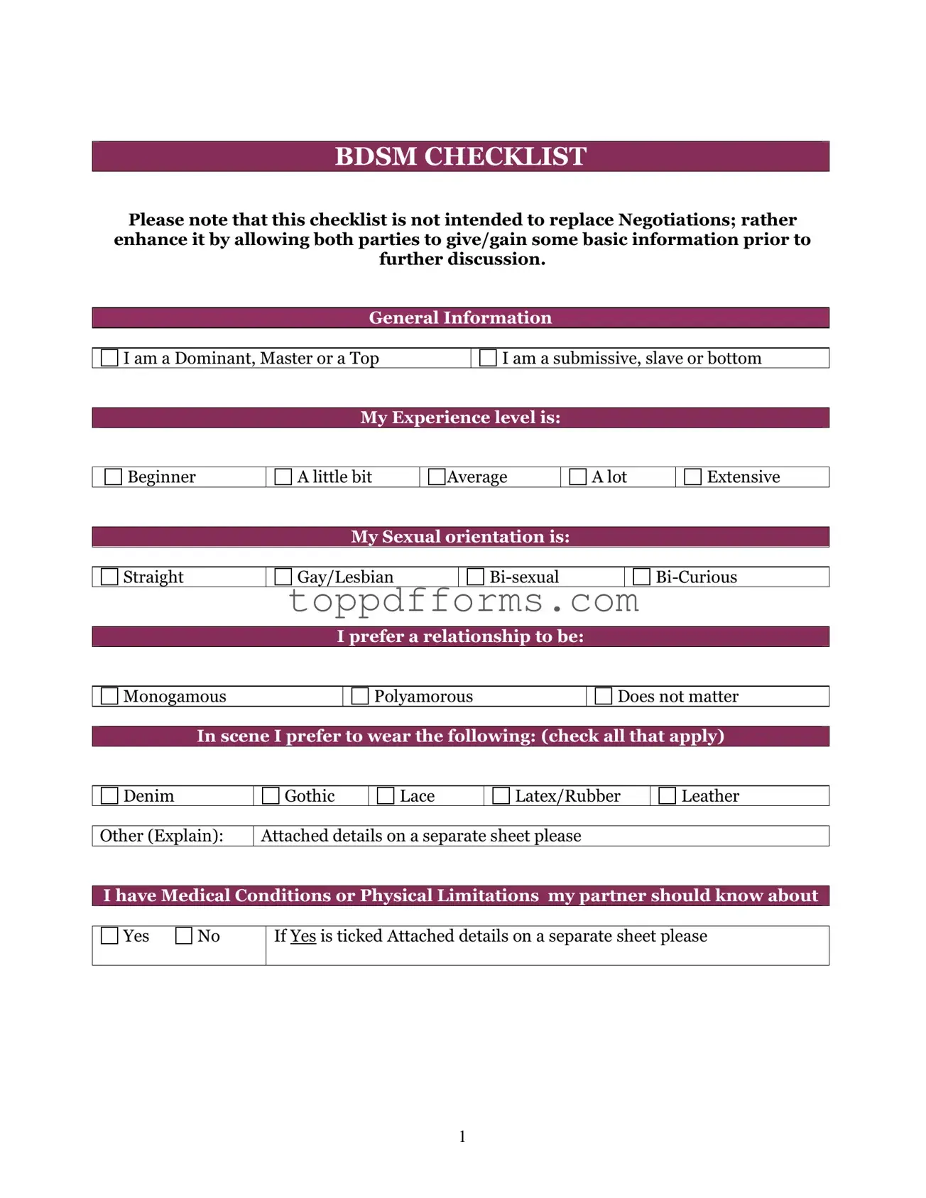 Free Bdsm Checklist Form