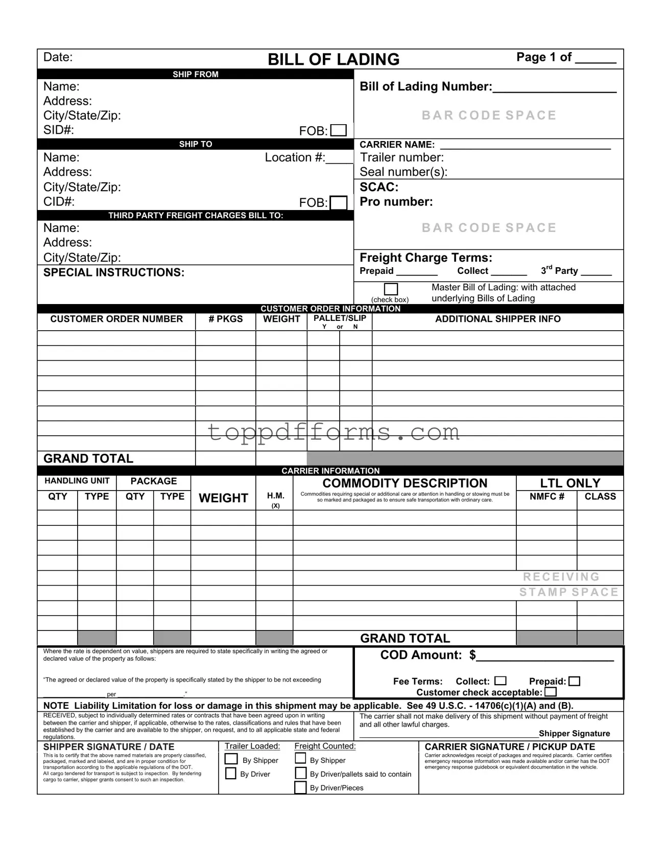 Free Bill of Lading with a Supplement Form