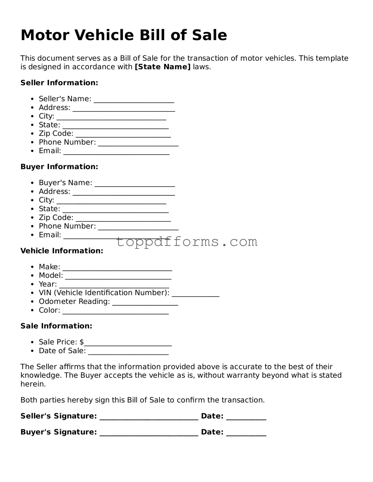 Free Motor Vehicle Bill of Sale Template
