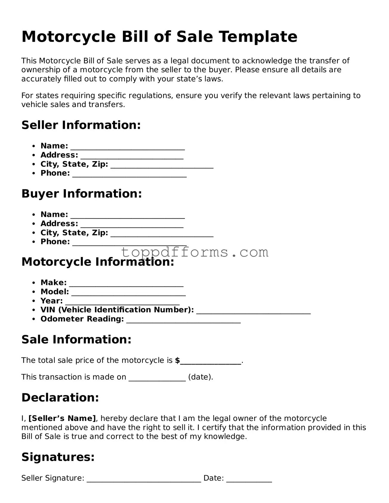 Free Motorcycle Bill of Sale Template