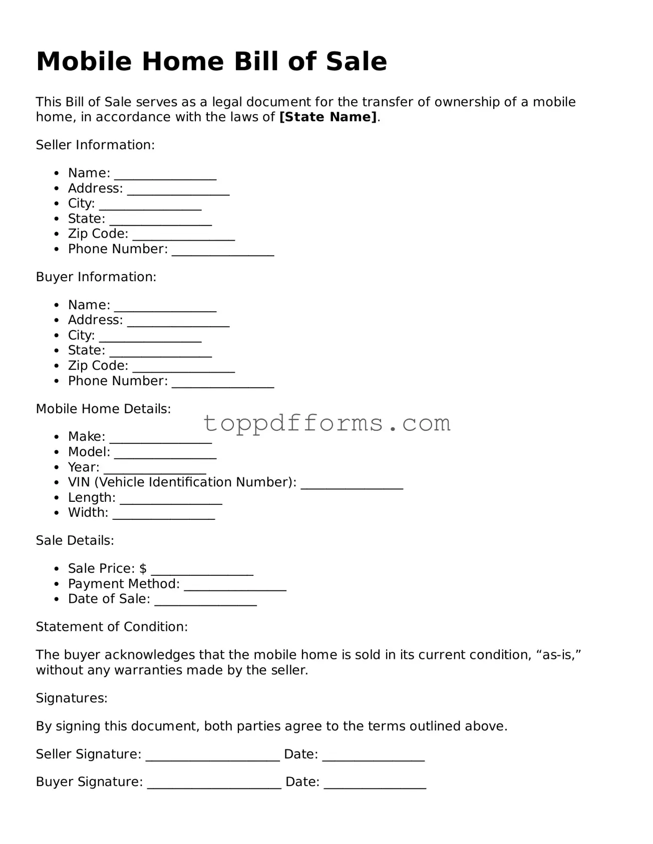 Free Mobile Home Bill of Sale Template