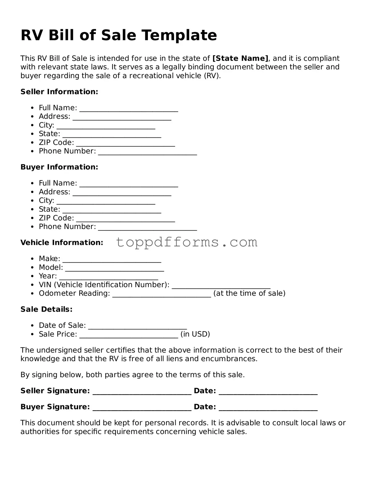 Free RV Bill of Sale Template
