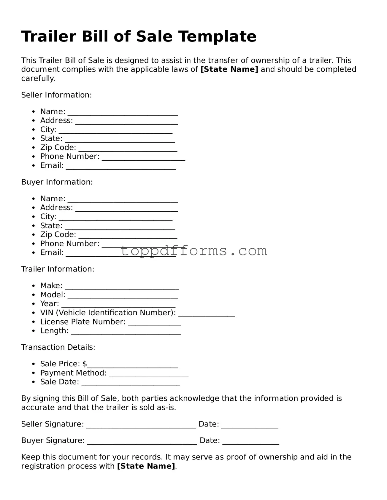 Free Trailer Bill of Sale Template