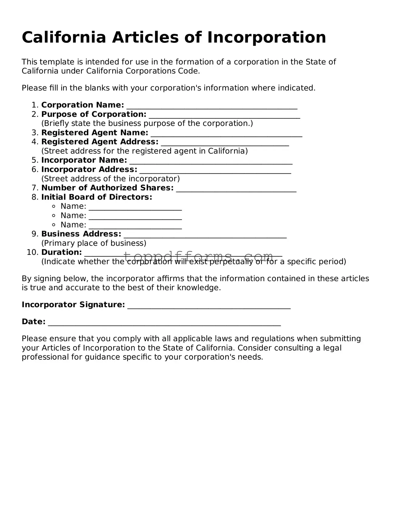 Articles of Incorporation Document for California State