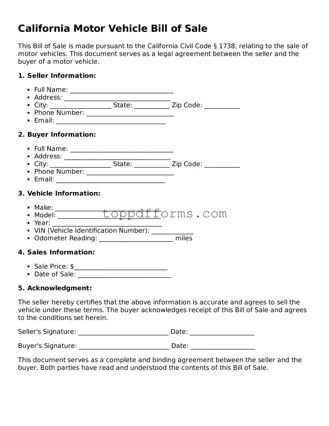Motor Vehicle Bill of Sale Document for California State
