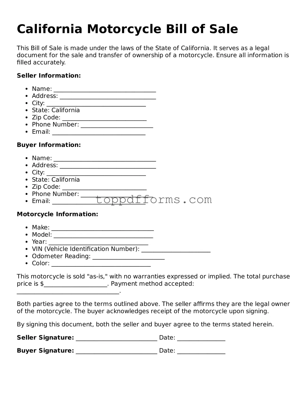 Motorcycle Bill of Sale Document for California State