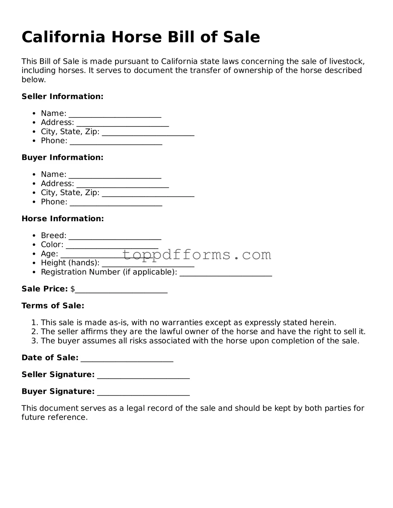 Horse Bill of Sale Document for California State