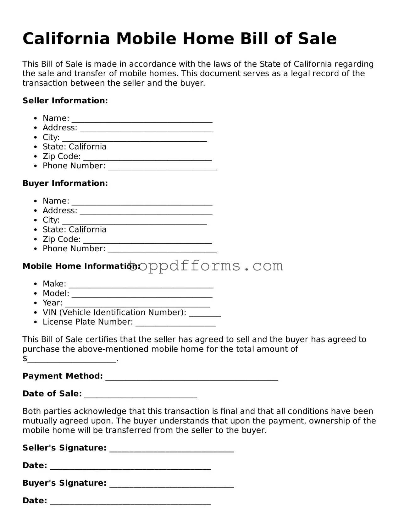 Mobile Home Bill of Sale Document for California State