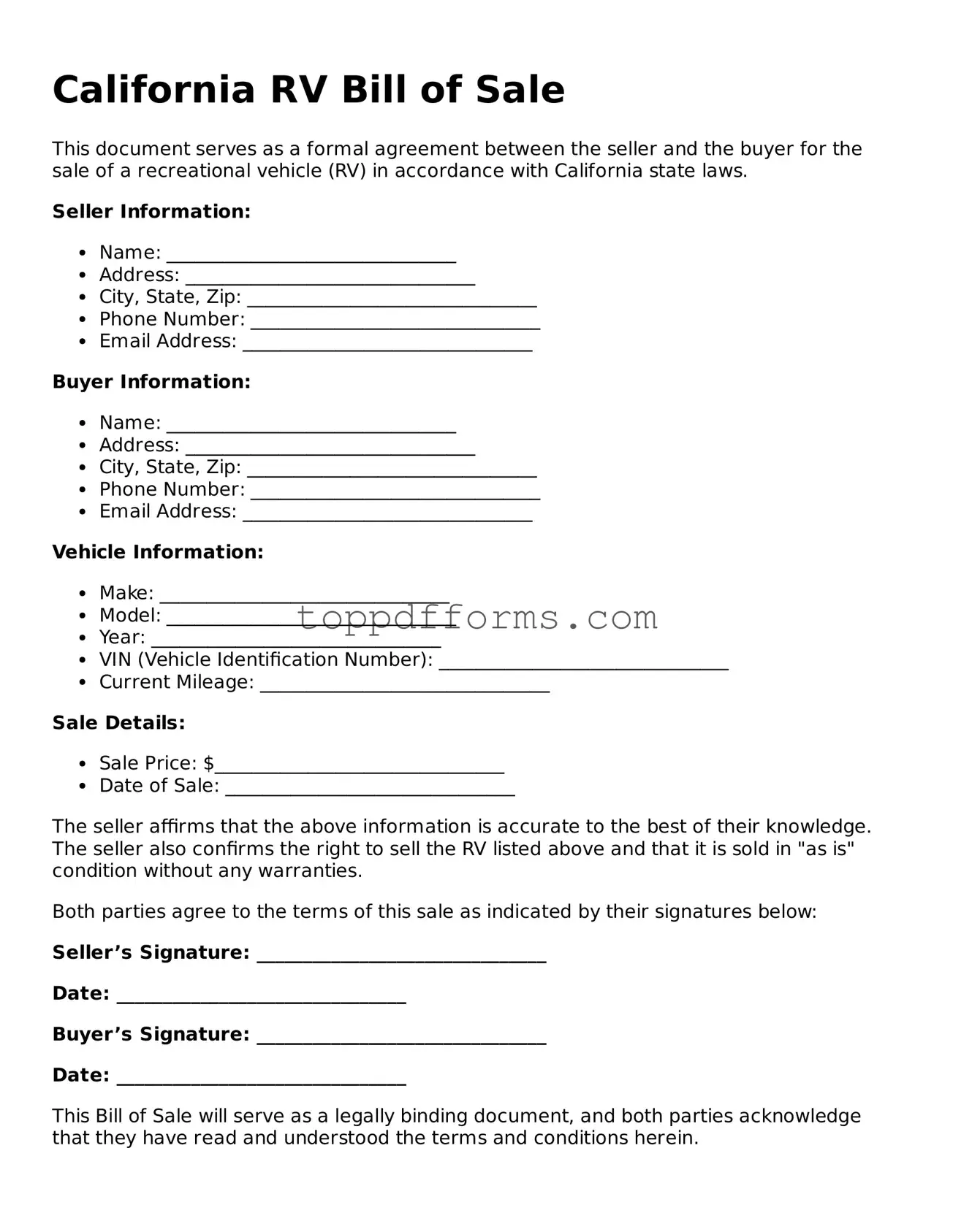 RV Bill of Sale Document for California State