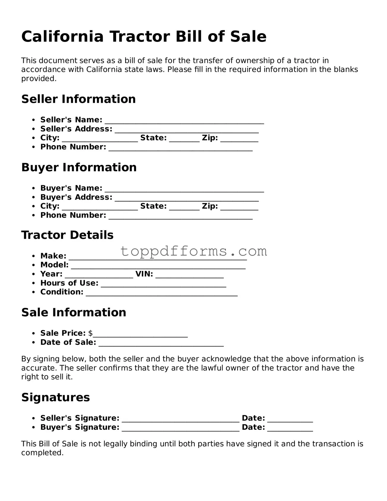 Tractor Bill of Sale Document for California State