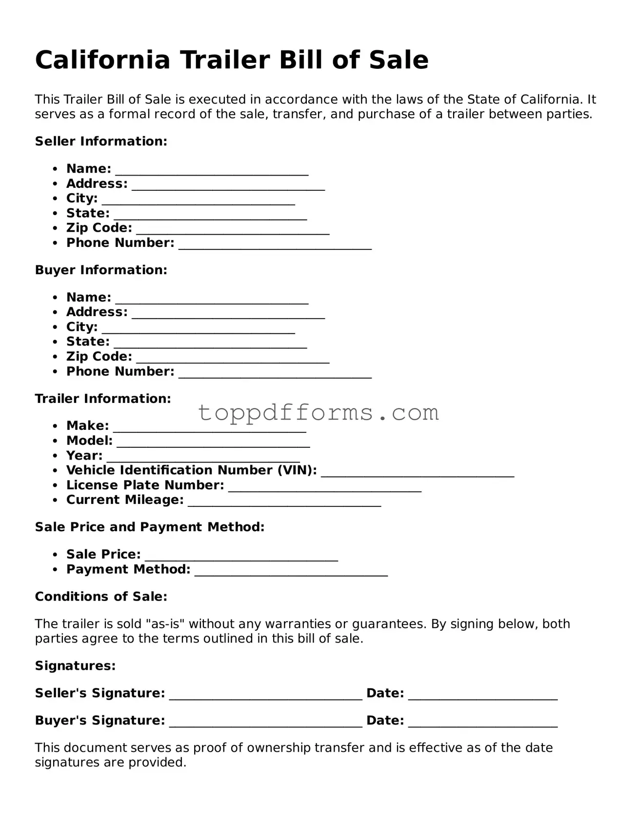 Trailer Bill of Sale Document for California State
