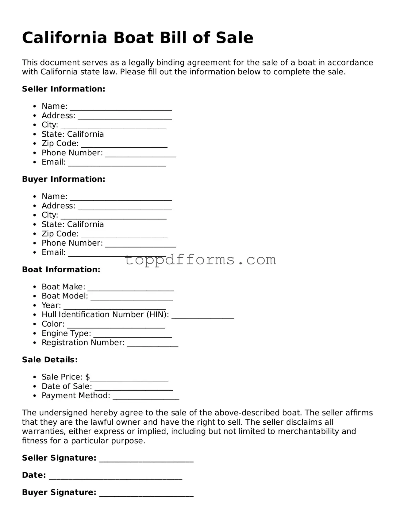 Boat Bill of Sale Document for California State