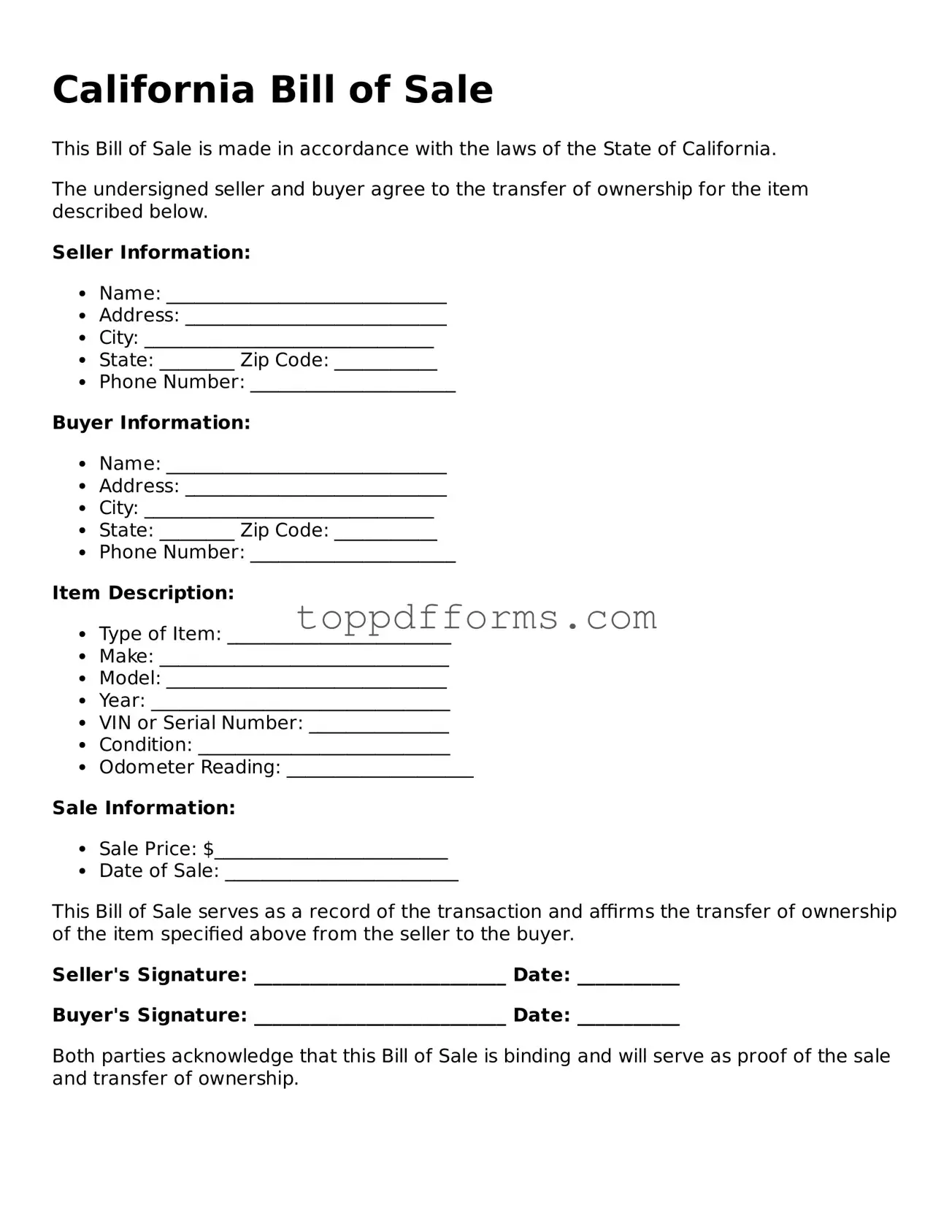 Bill of Sale Document for California State