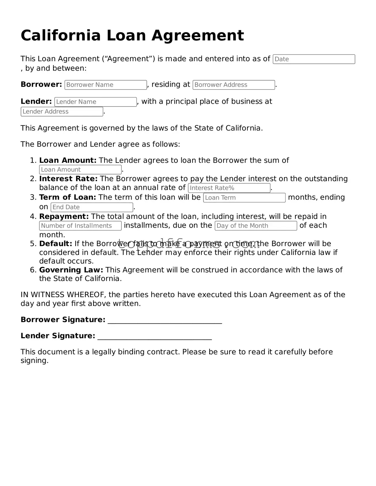 Loan Agreement Document for California State