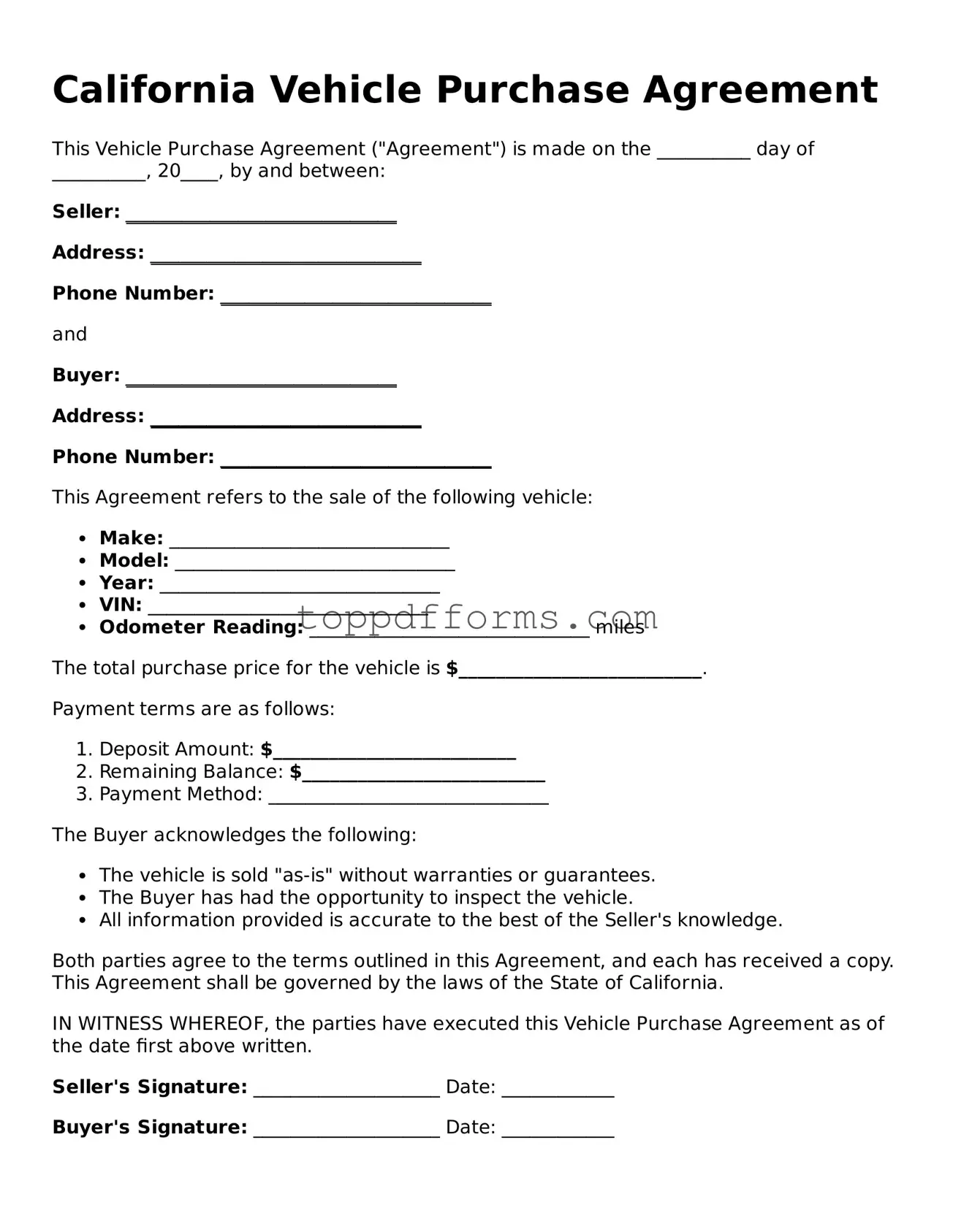 Vehicle Purchase Agreement Document for California State