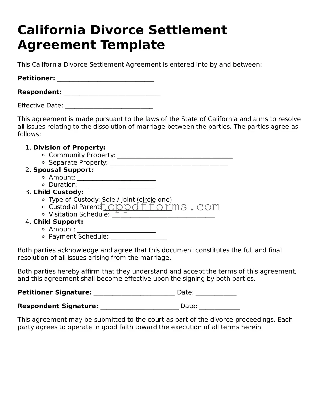 Divorce Settlement Agreement Document for California State