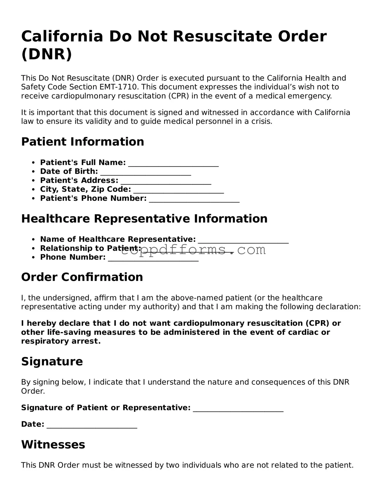 Do Not Resuscitate Order Document for California State