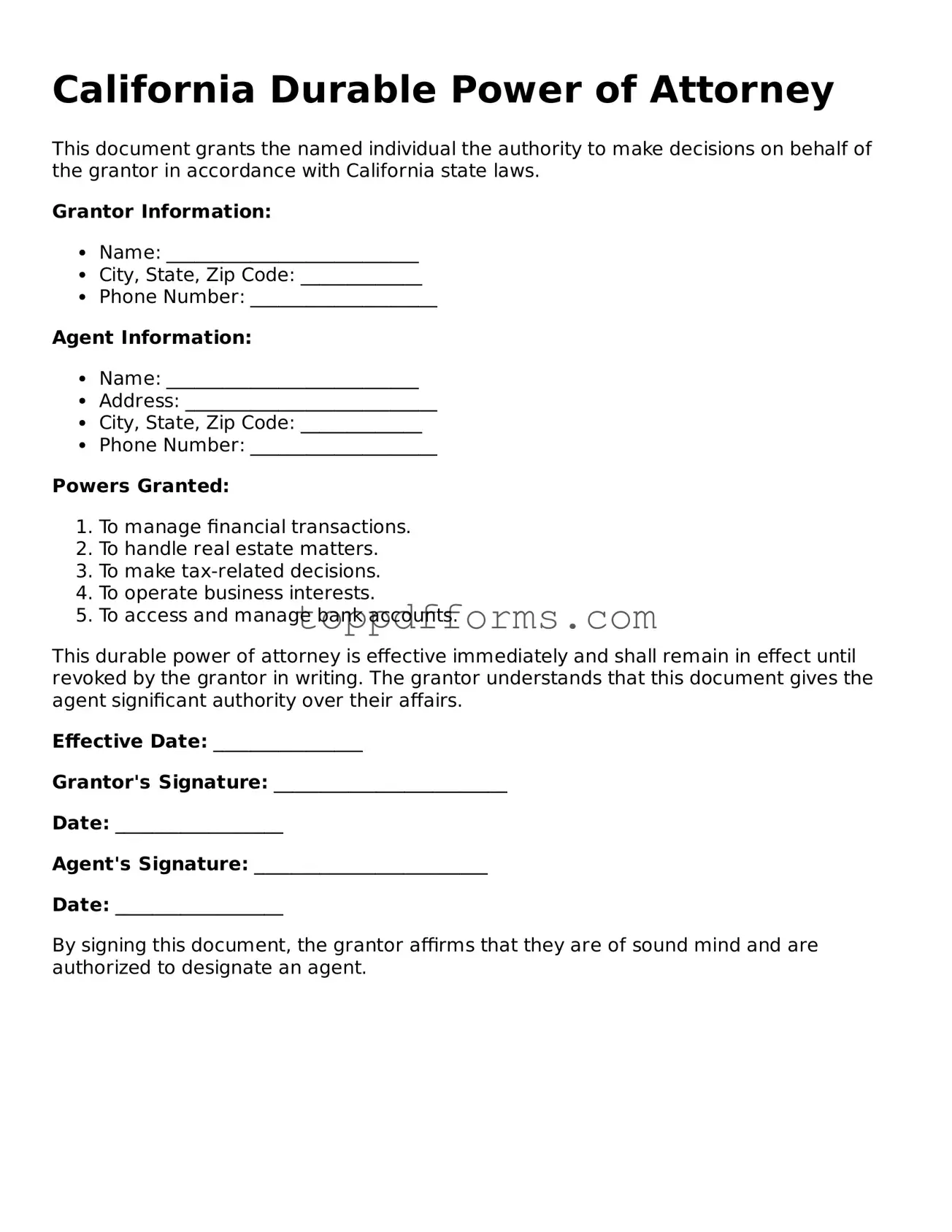 Durable Power of Attorney Document for California State