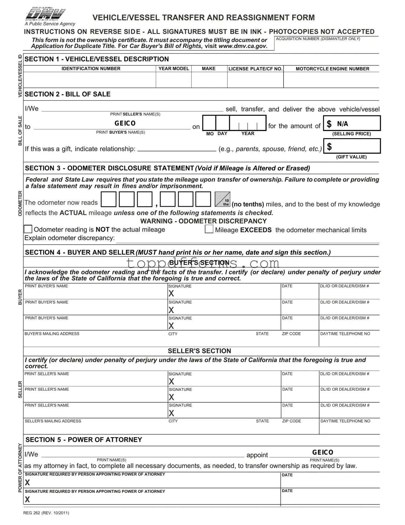 Free California Fotm Reg 262 Form