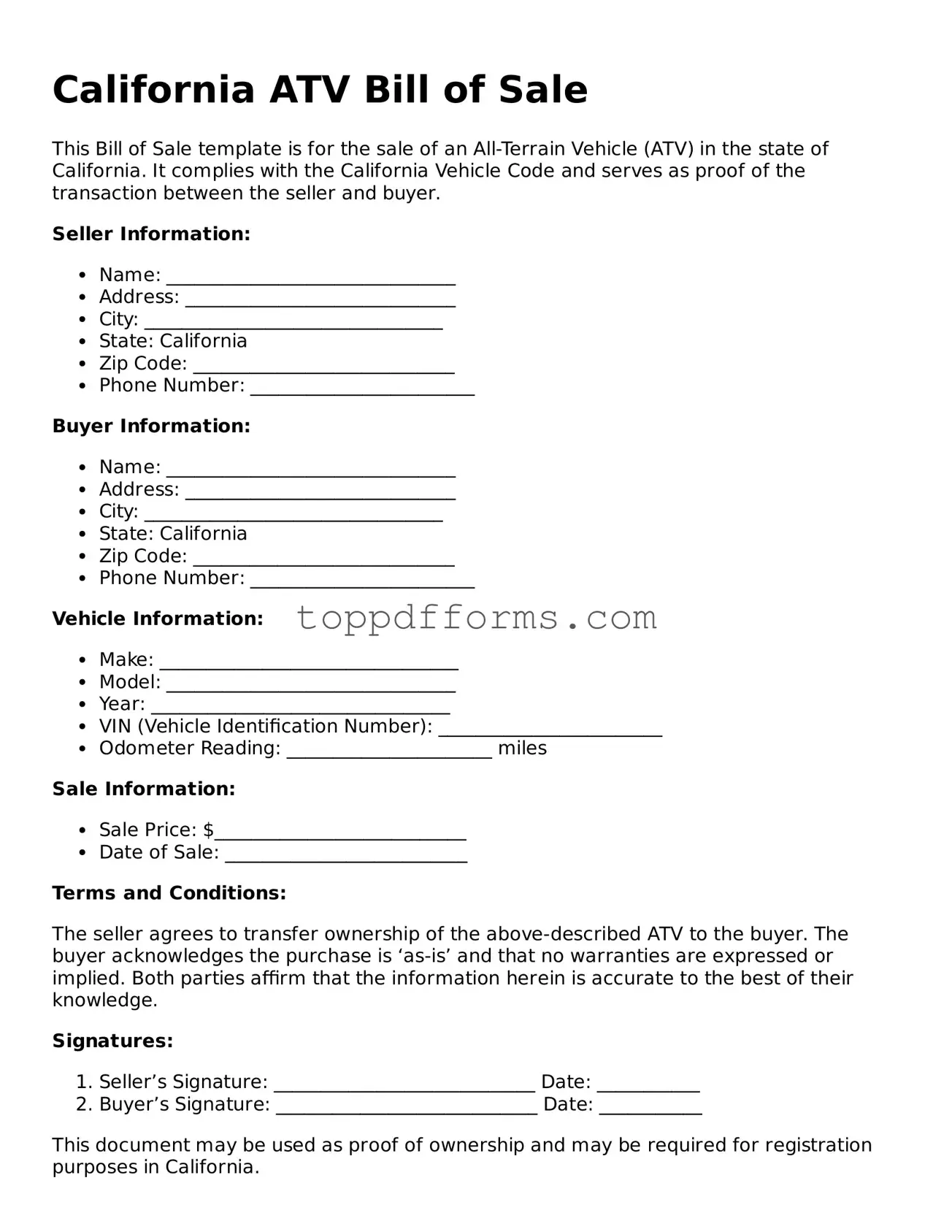 ATV Bill of Sale Document for California State