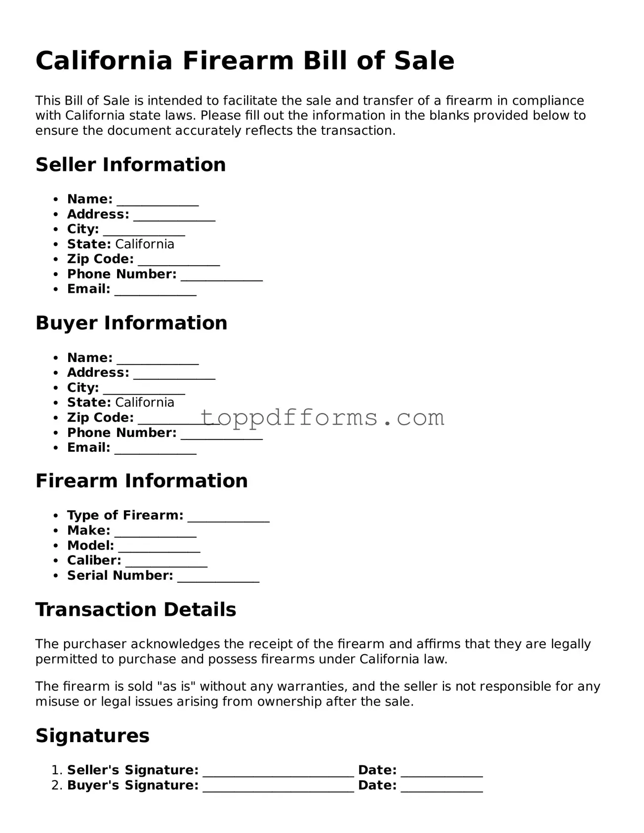 Firearm Bill of Sale Document for California State