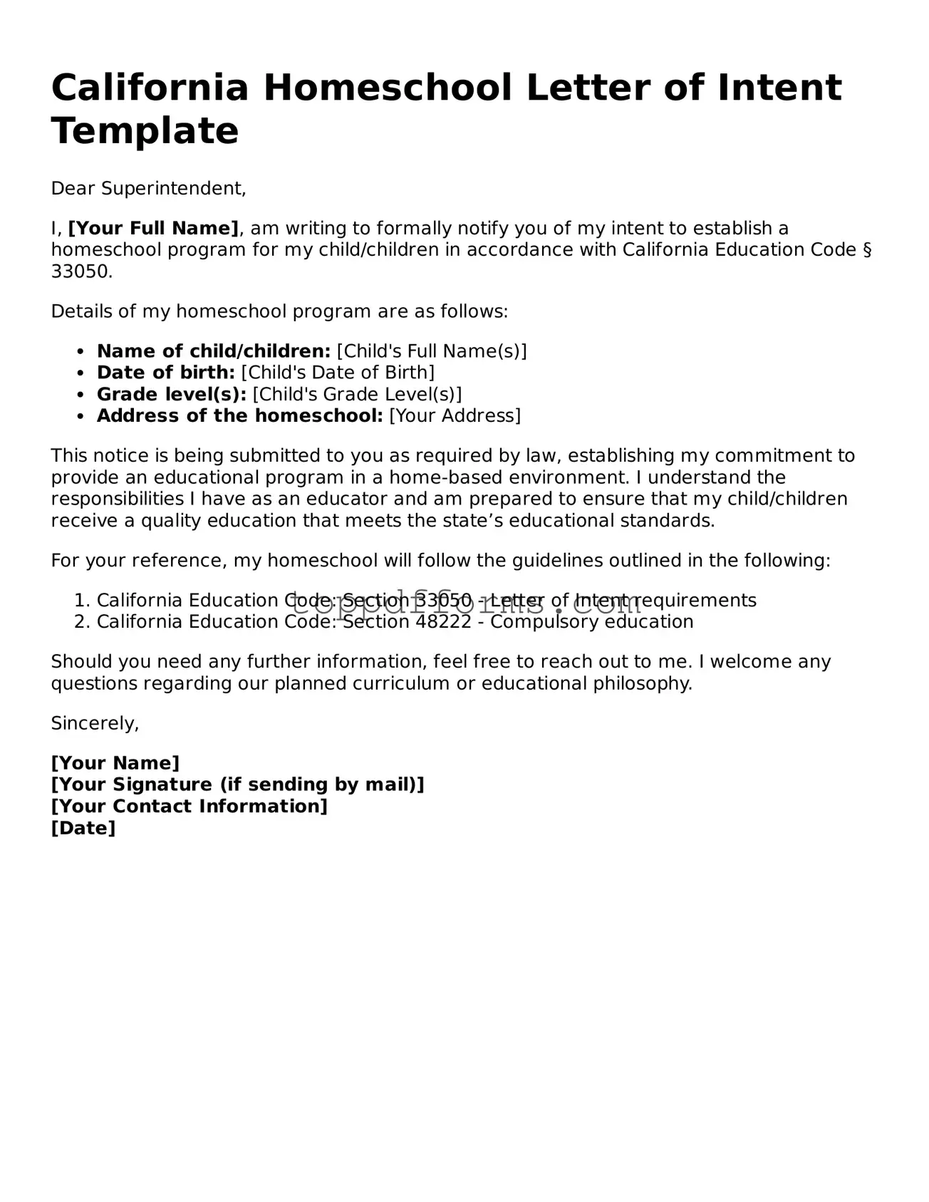 Homeschool Letter of Intent Document for California State
