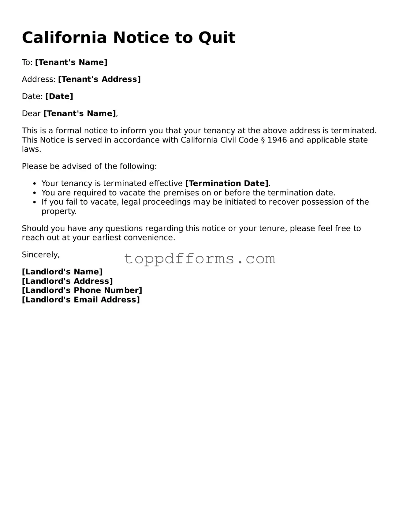Notice to Quit Document for California State