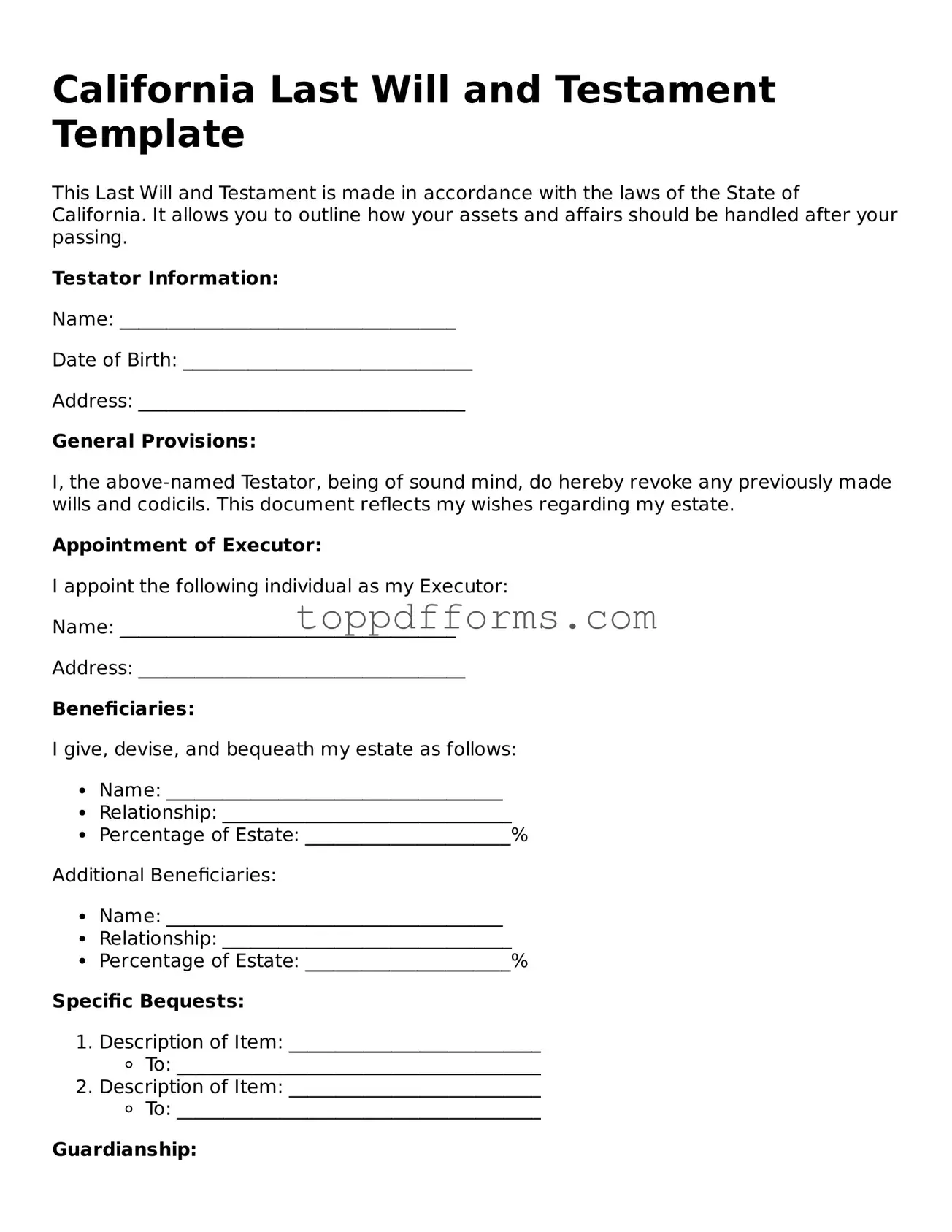 Last Will and Testament Document for California State