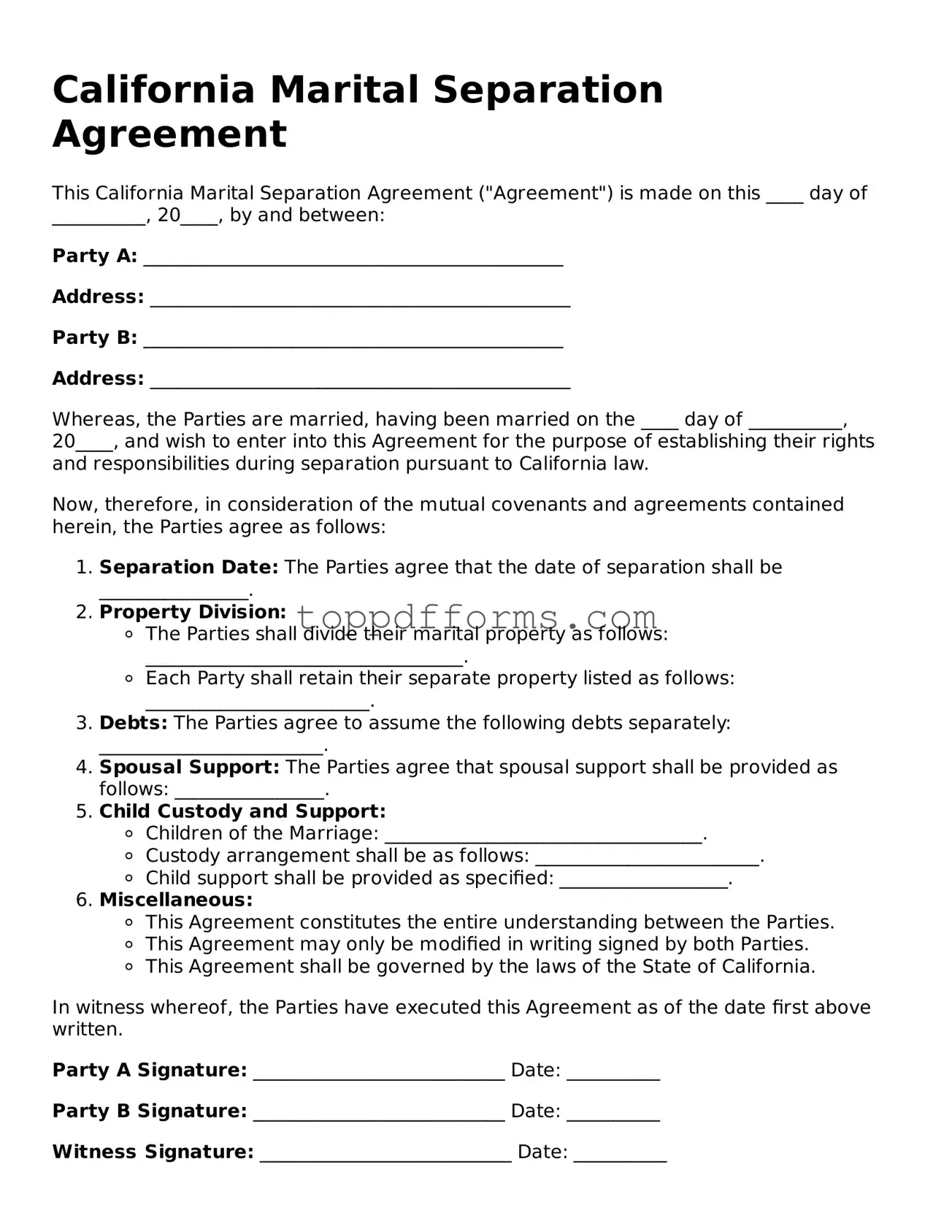 Marital Separation Agreement Document for California State