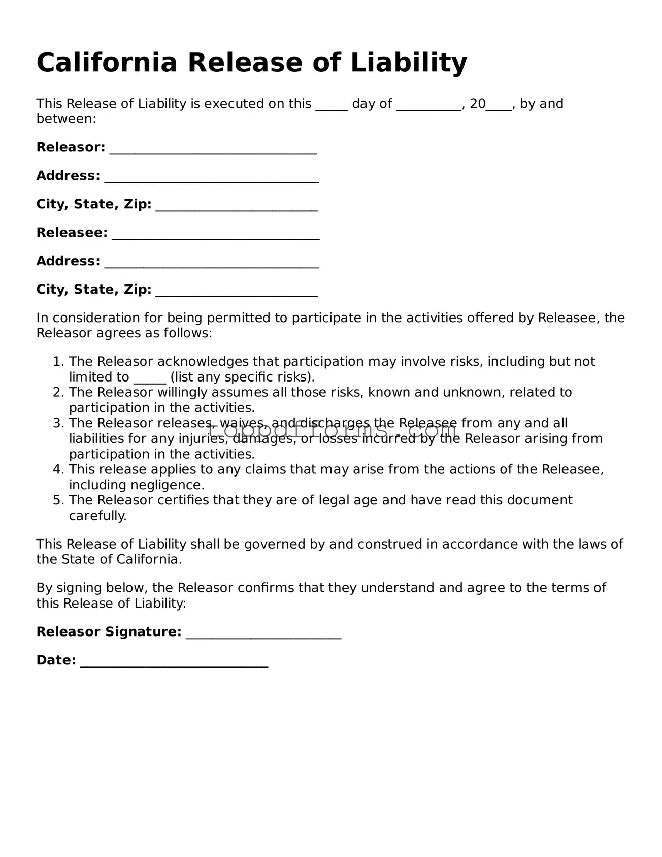 Release of Liability Document for California State