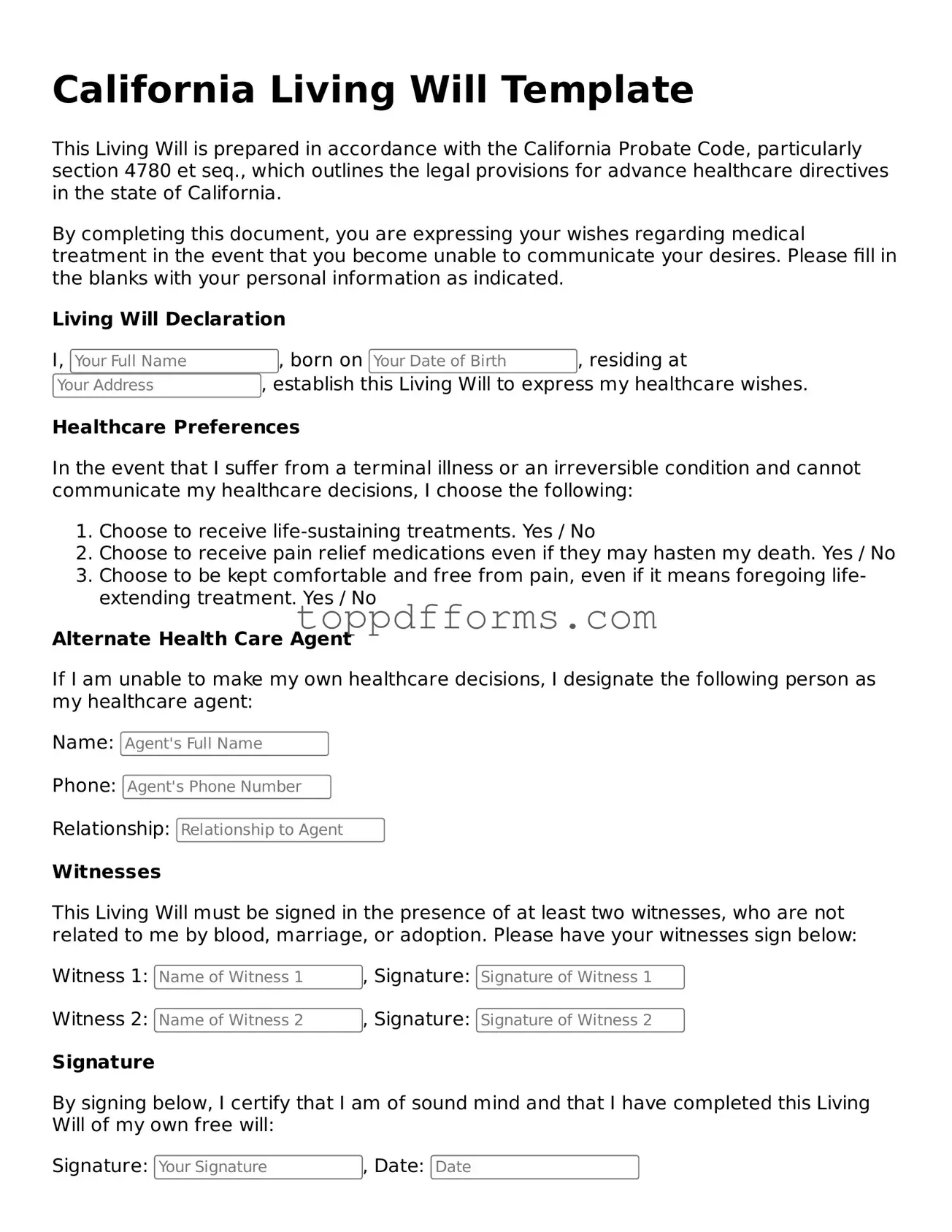 Living Will Document for California State