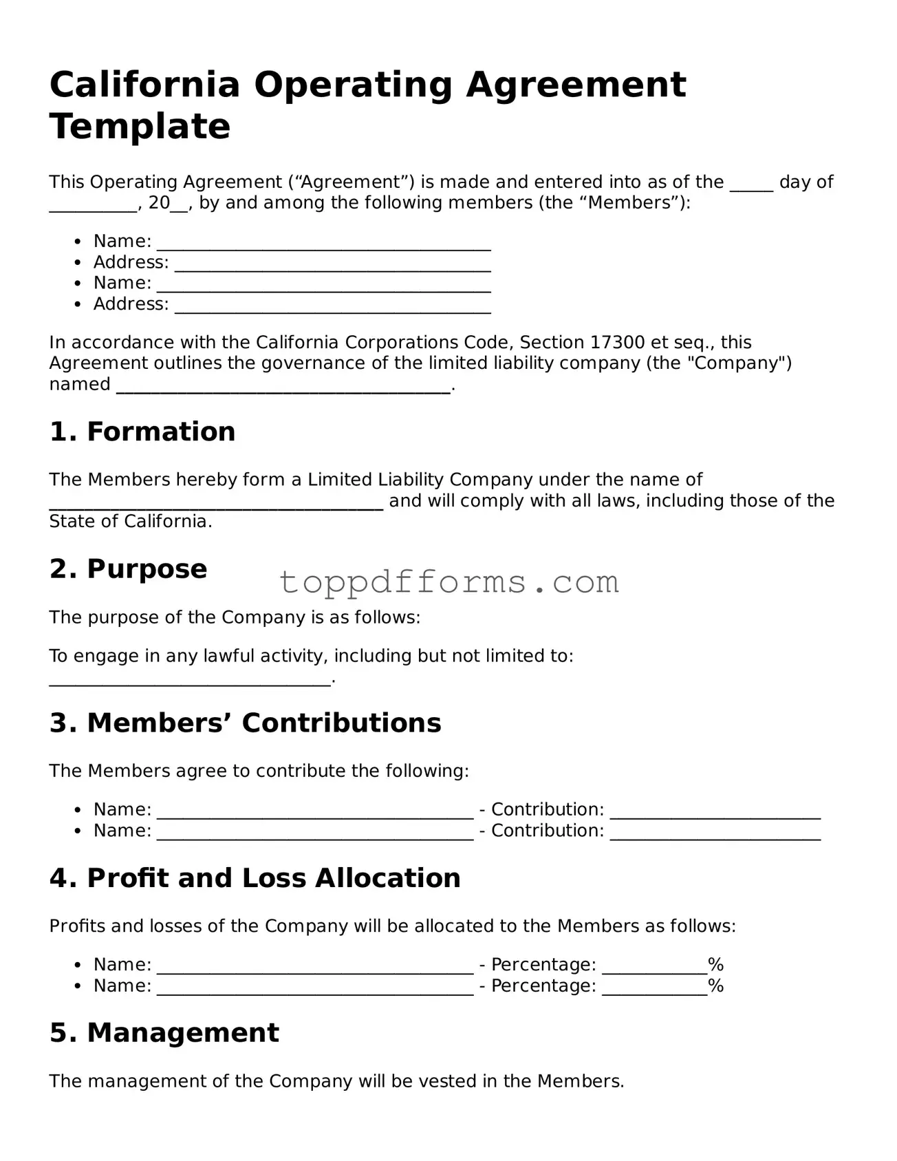 Operating Agreement Document for California State