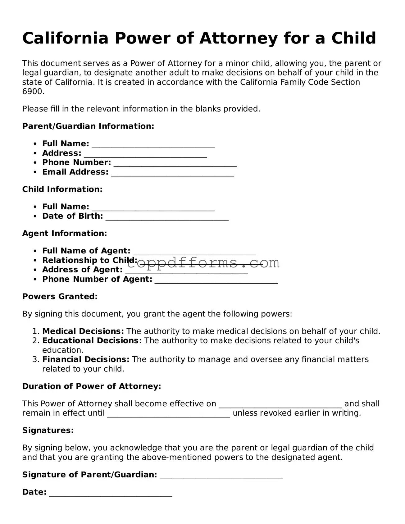Power of Attorney for a Child Document for California State