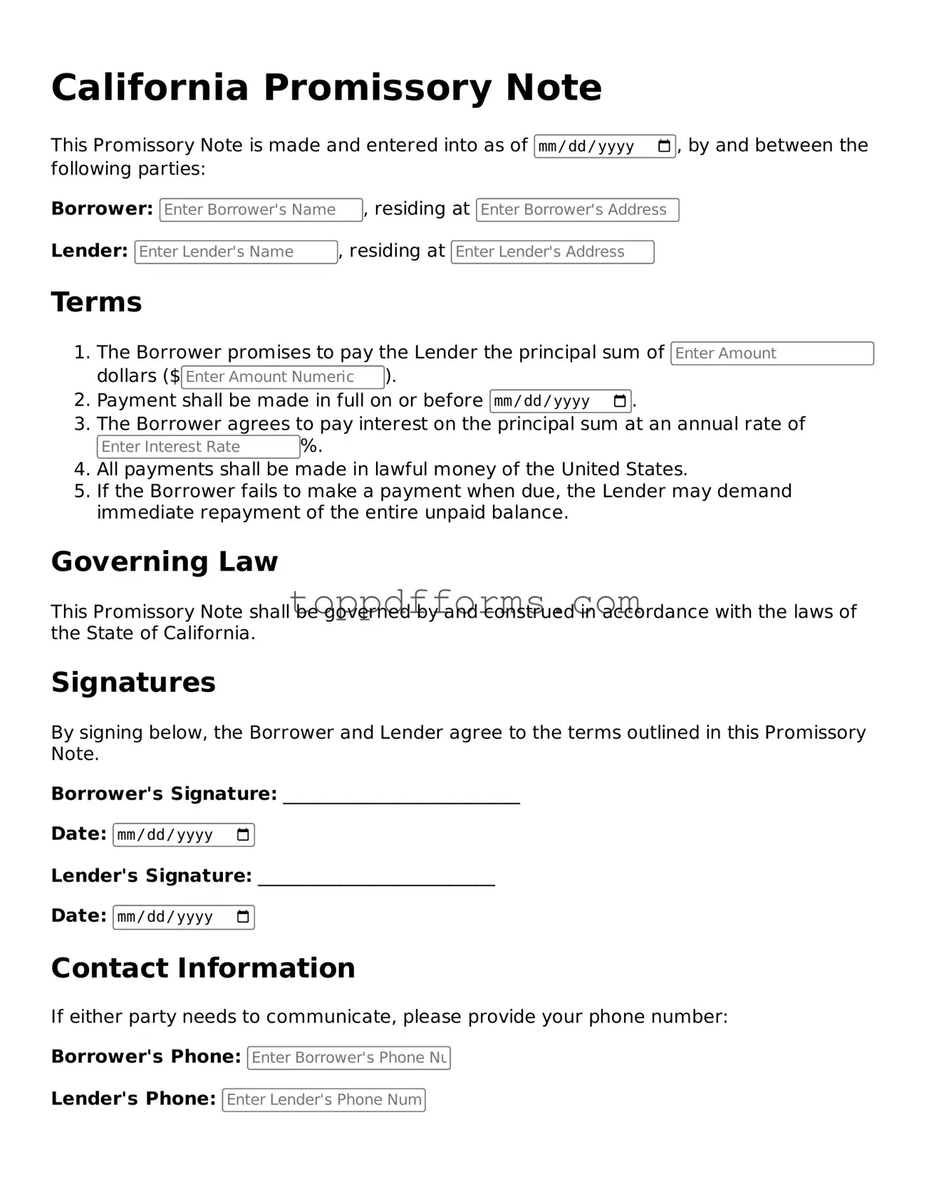 Promissory Note Document for California State