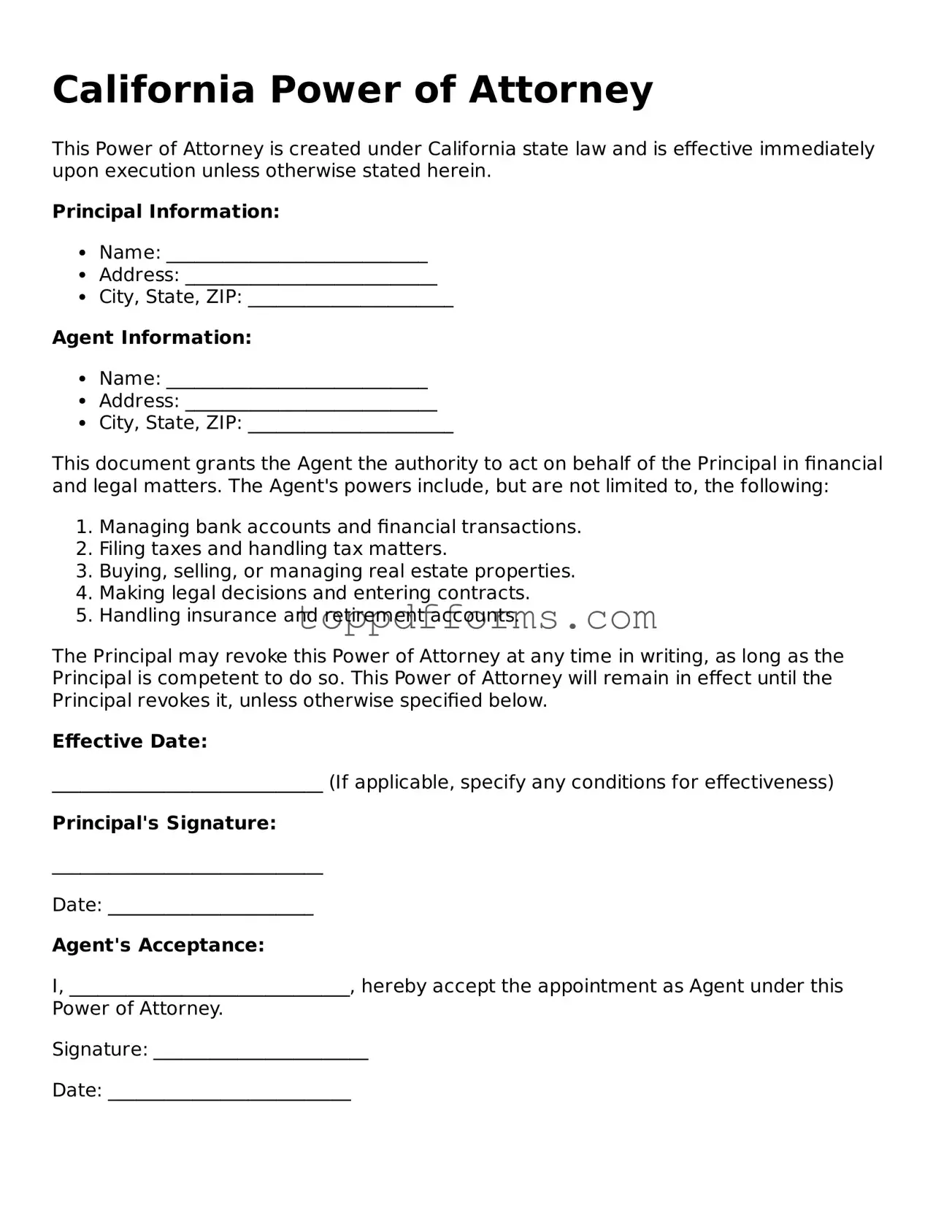 Power of Attorney Document for California State