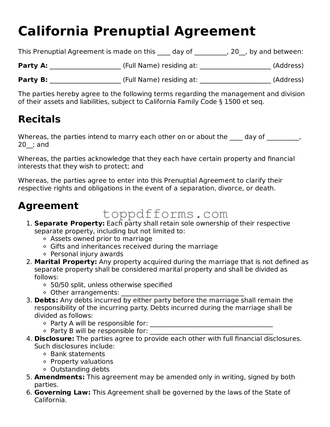 Prenuptial Agreement Document for California State