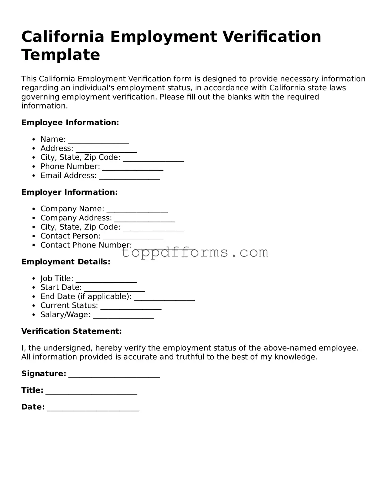 Employment Verification Document for California State