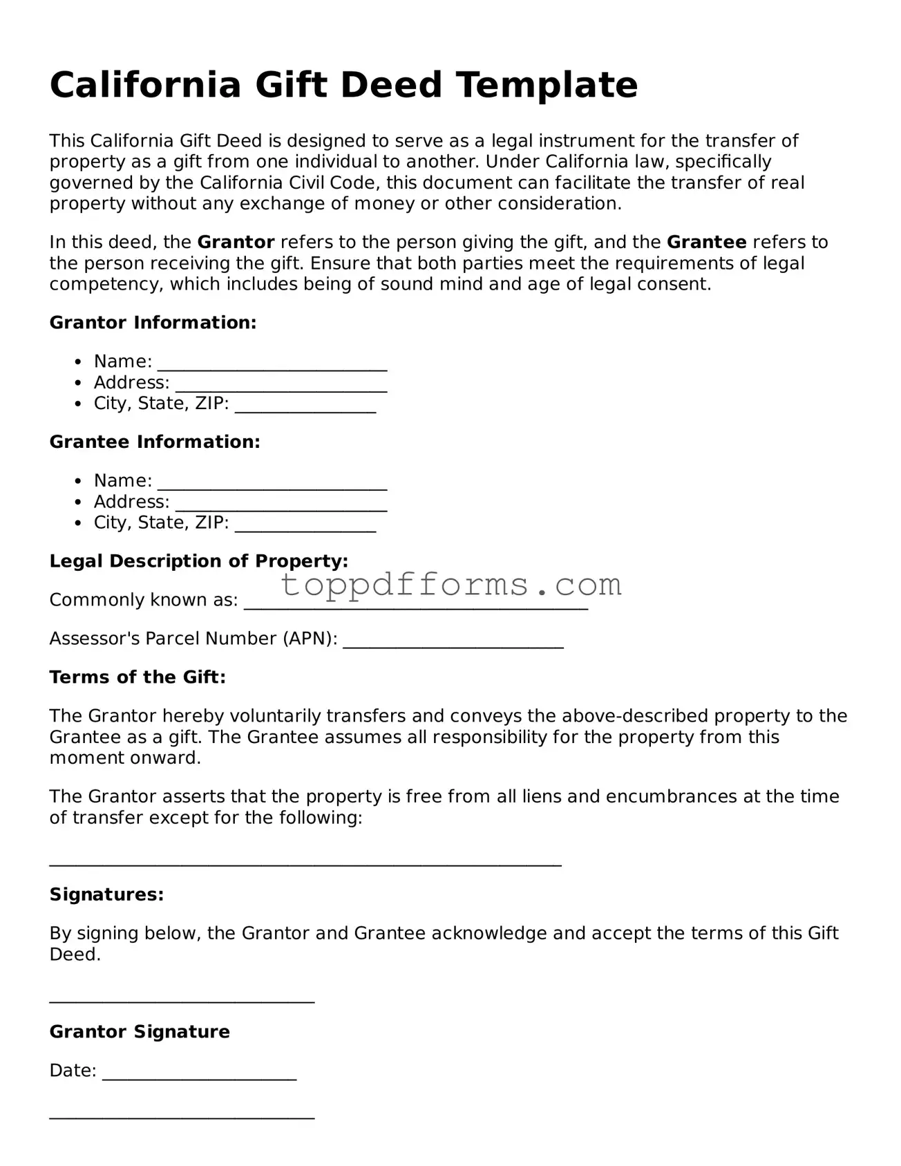 Gift Deed Document for California State