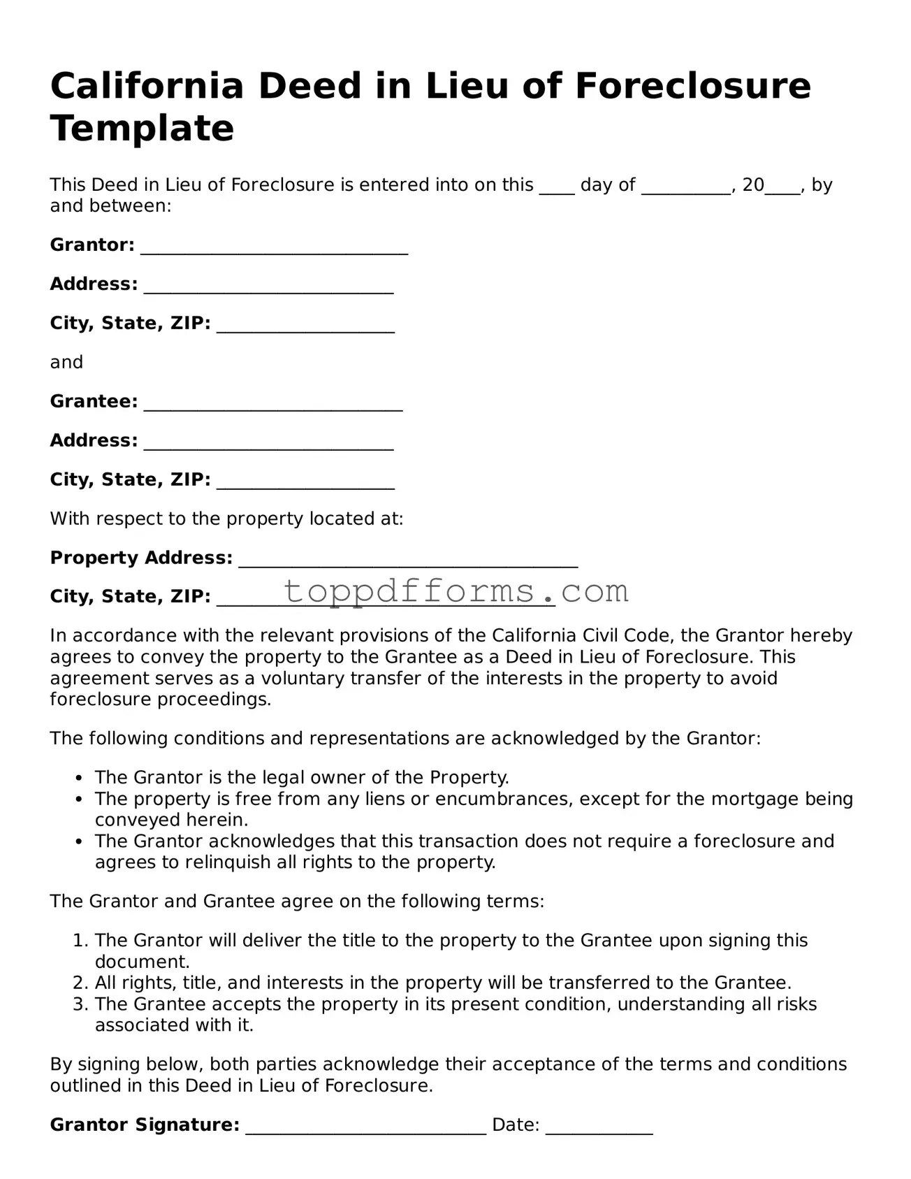 Deed in Lieu of Foreclosure Document for California State