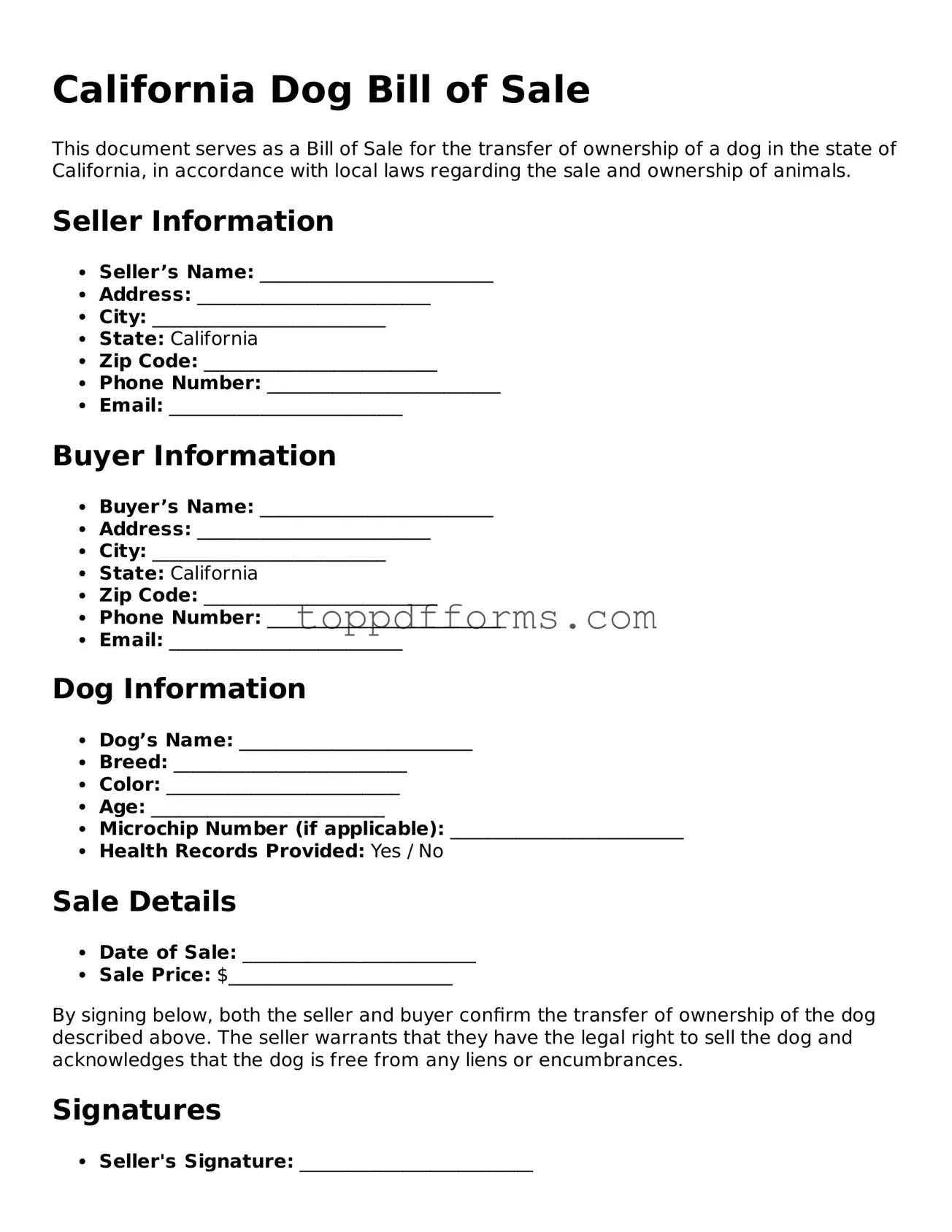 Dog Bill of Sale Document for California State