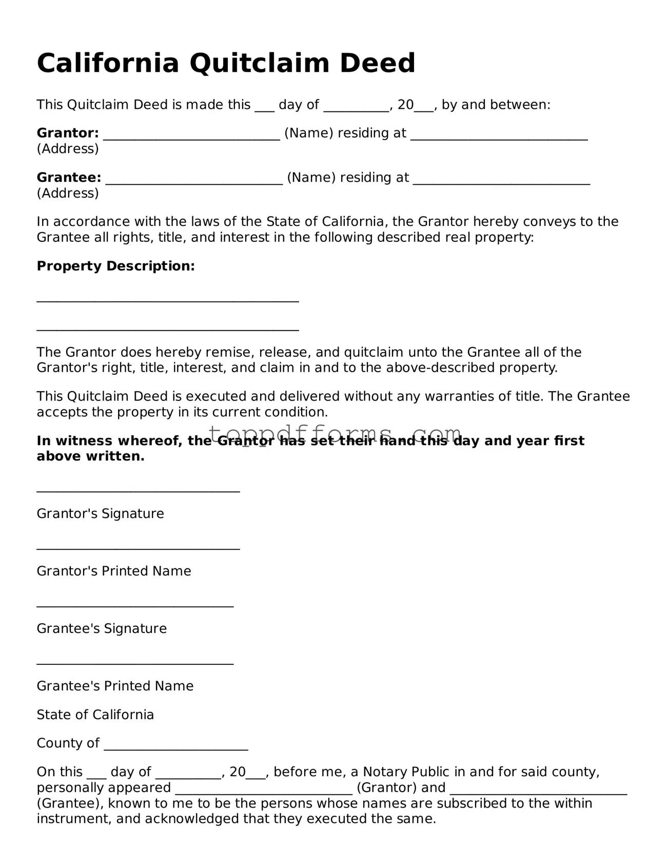 Quitclaim Deed Document for California State
