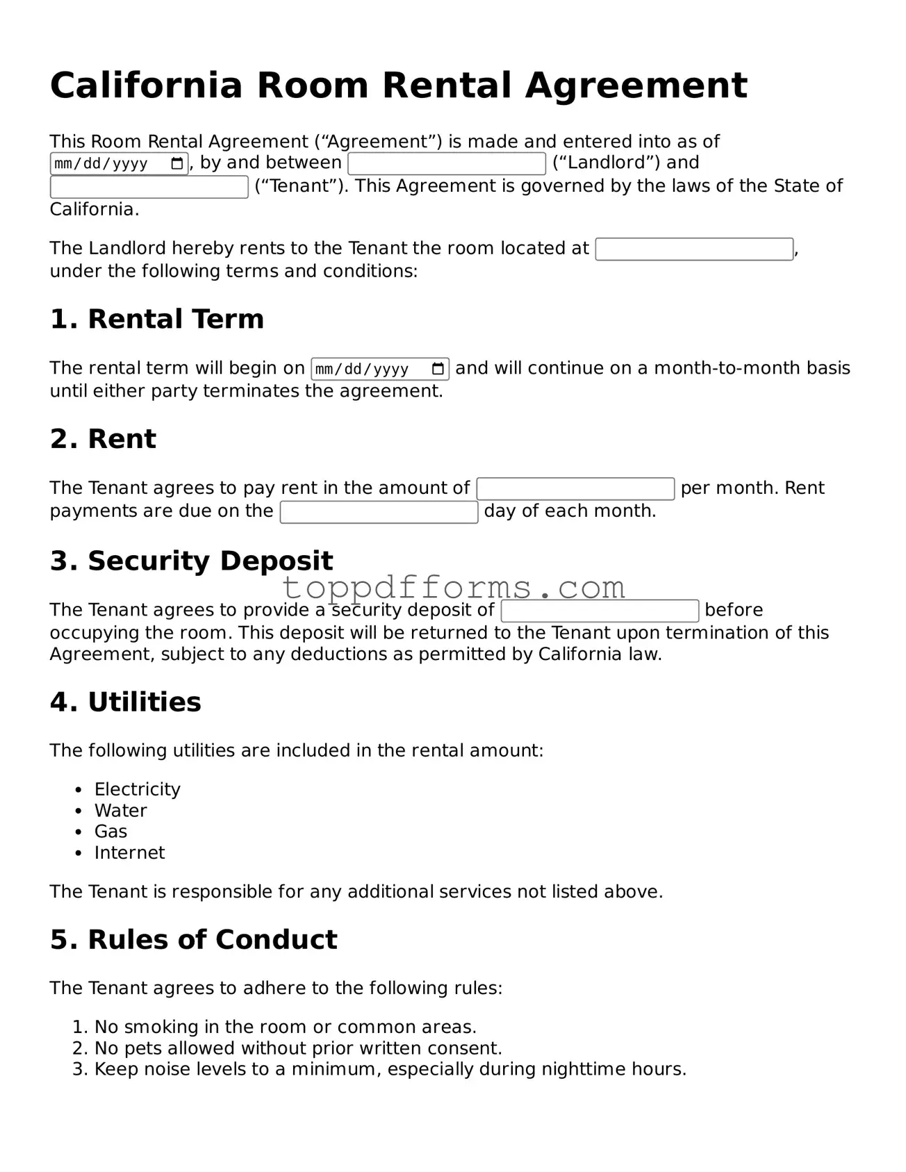 Room Rental Agreement Document for California State