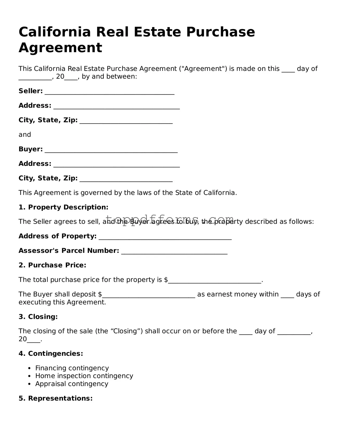Real Estate Purchase Agreement Document for California State