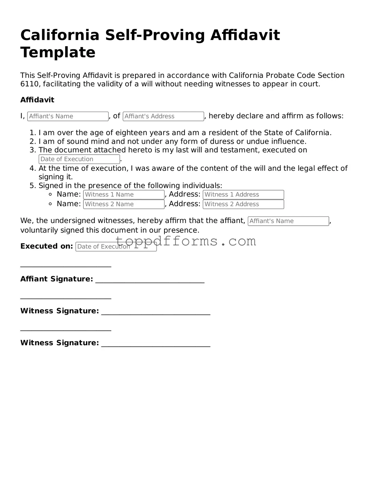Self-Proving Affidavit Document for California State