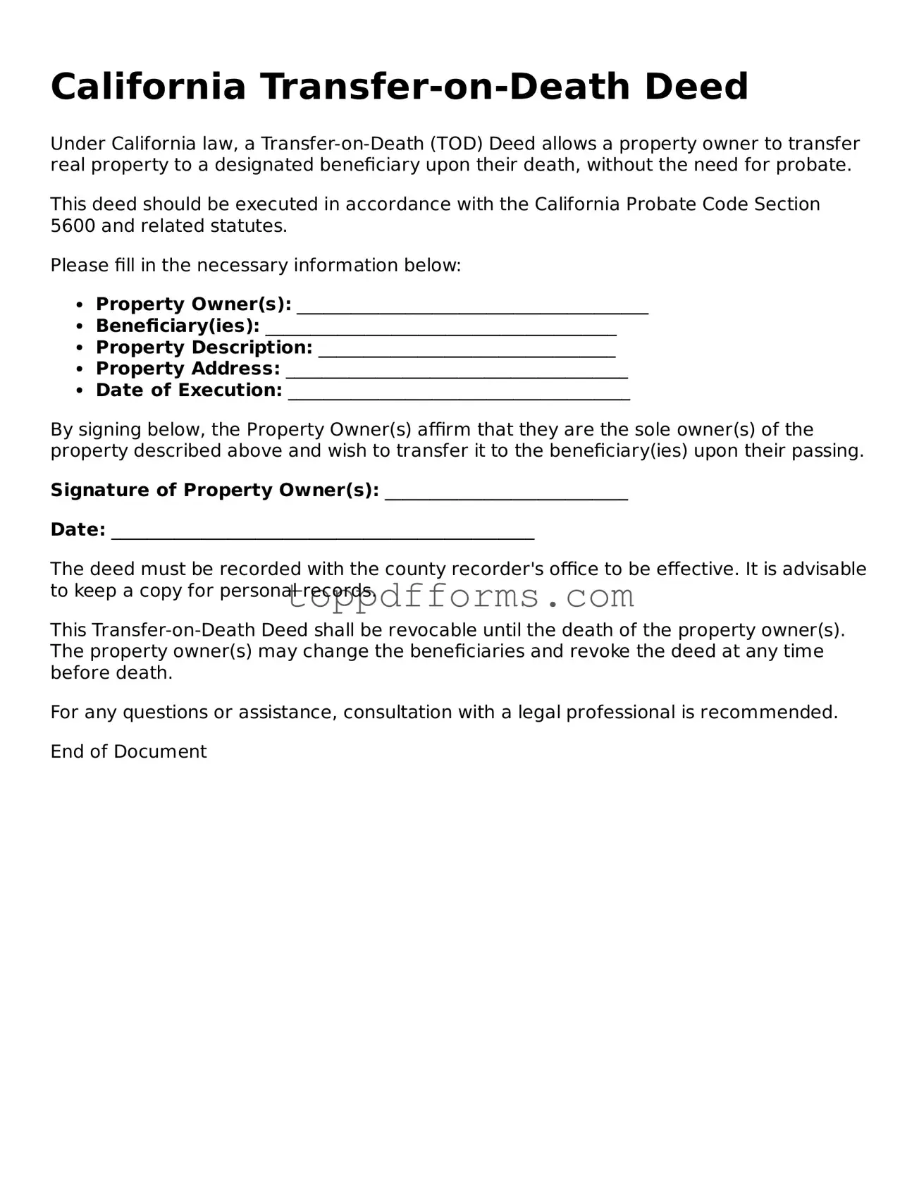 Transfer-on-Death Deed Document for California State